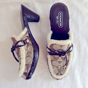 Coach Tan and Cream Patterned Clogs